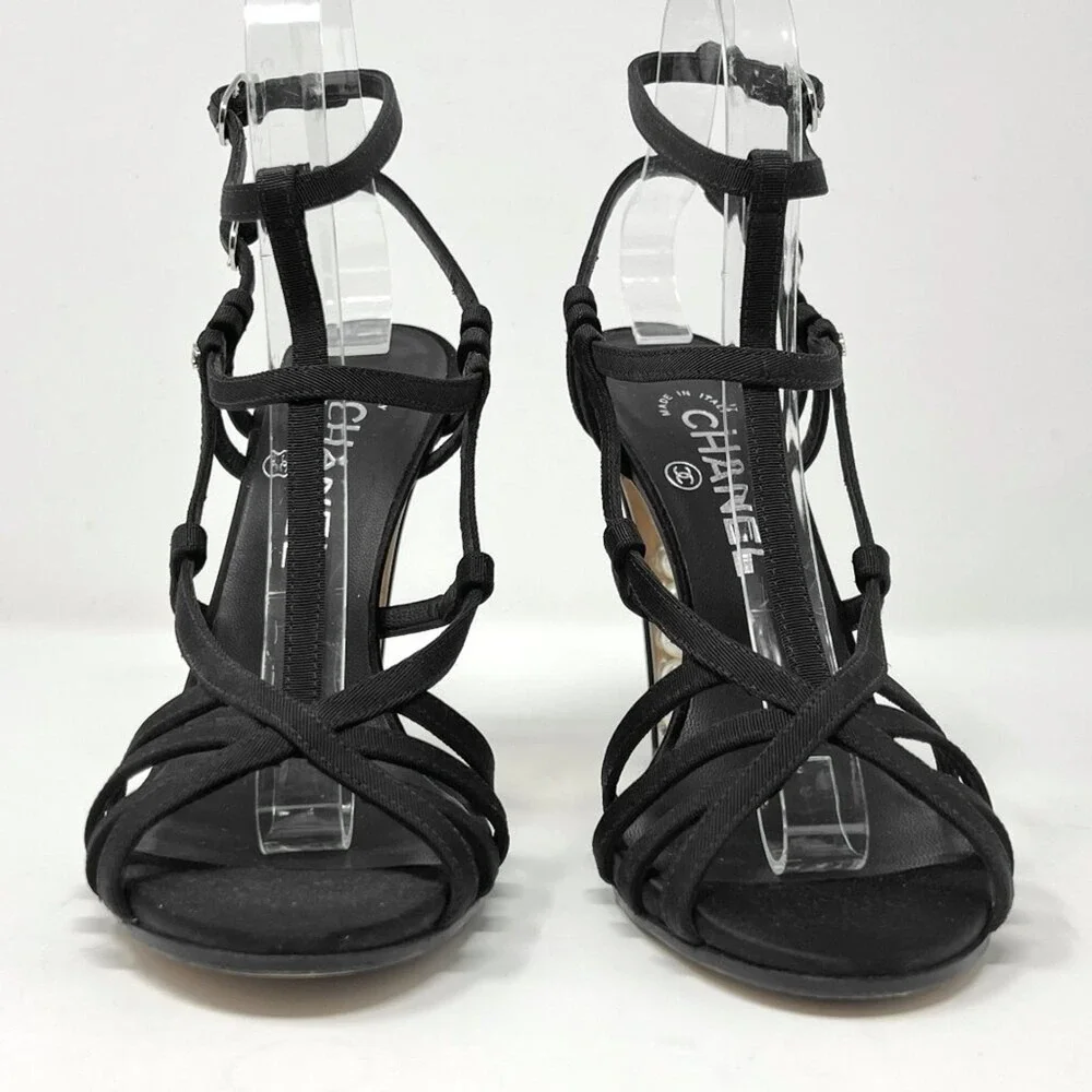 Chanel Pearl Heel‎ Grosgrain Gladiator Sandals Black 37.5